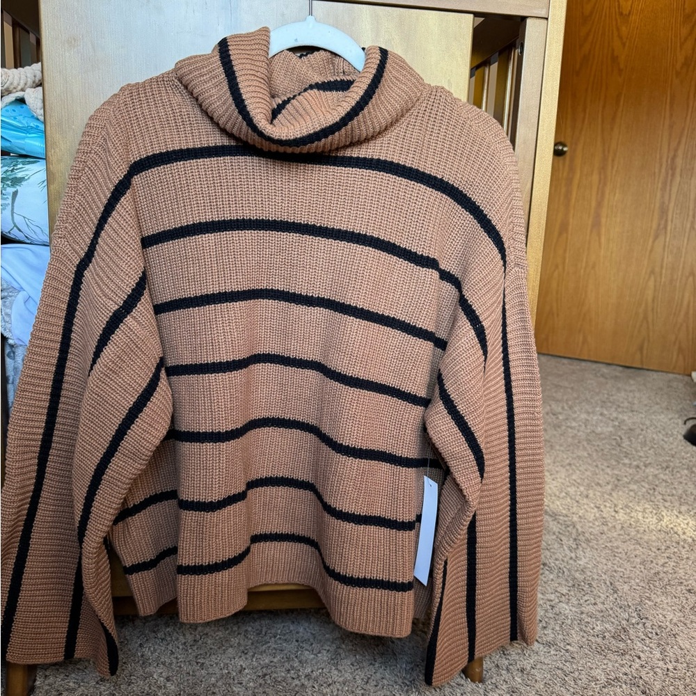 Tan and Black Oversized Sweater with Turtleneck and Soft Knit Texture